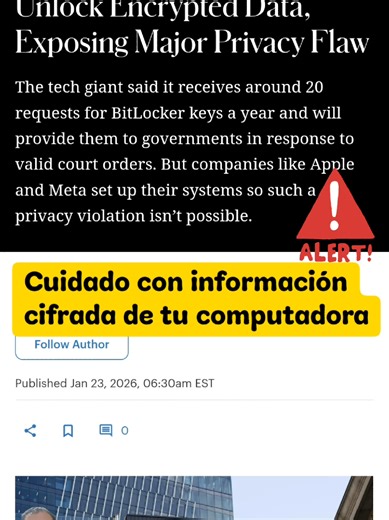 Microsoft confirmó que puede entregar claves de recuperación de BitLocker a autoridades cuando existe una orden legal. No es hackeo ni “puerta trasera”, pero sí un recordatorio incómodo: si tus llaves están en la nube, no siempre son solo tuyas. 👉 Qué hacer: guarda tus recovery keys fuera de línea, revisa si tu equipo las sincroniza con tu cuenta Microsoft y evalúa cifrado donde tú controles las llaves. #Ciberseguridad #PrivacidadDigital #BitLocker #SeguridadInformática #TechNews