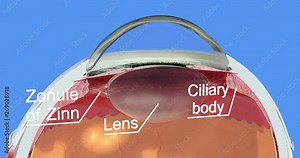 Anatomy of the human eye. Part 2. Accurate, highly detailed and realistic 3d animation showing main parts of the eye on blue background, cg, 4K