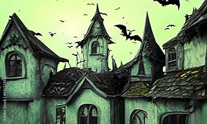 Explore the eerie exterior of an abandoned haunted house surrounded by a dark forest as bats fly overhead at twilight.