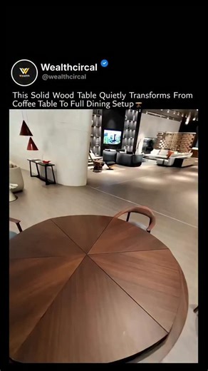 Wealth Circal™ on Instagram: "It starts as a low coffee table — compact, simple, solid wood. Then the top lifts smoothly upward using a hidden scissor/gas-lift mechanism. No motor. Just controlled mechanical leverage. Once it reaches dining height, side panels slide out and unfold, expanding the surface into a full-sized dining table that can seat 6–8 people. These transformer tables are built for space efficiency. The lift system supports vertical adjustment, while telescopic rails and folding 