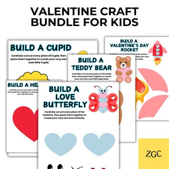 Valentine Build a Craft Bundle | Valentine Paper Crafts for Kids | Cut & Paste