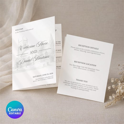 Catholic Wedding Program Template, Editable Canva Folded Wedding Program, Wedding Ceremony Program Template, Instant Download - Etsy