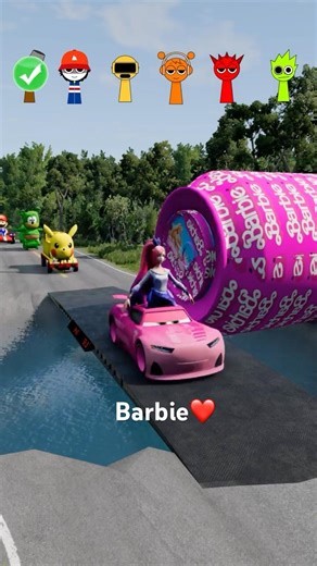 beamng shorts BARBIE GIRL PIKACHU GUMMY BEAR MARIO CRAZY FROG SQUID GAME VS BARBIE BOLLARD