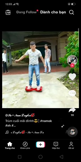 Riding a Red Hoverboard in a Residential Area