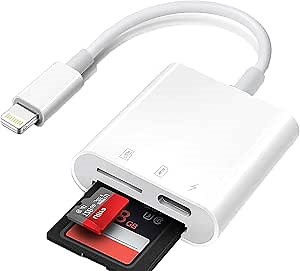[Apple MFi Certified] Lightning to SD Card Reader for iPhone, 2 in 1Dual Card Slot Adapter, Memory SD Card Reader Trail Camera Viewer, Charging and Card Reading Micro Card Adapter