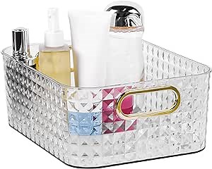 Clear Storage Bins, Open Plastic Container Organizer Diamond Pattern Bathroom Organizing with Handle for Fridge/Freezer, Pantry, Makeup, 10.8 × 8.3 × 4.1 inch