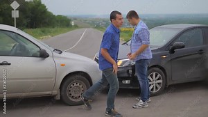 Two men arguing conflict after a car lifestyle accident on the road car insurance. slow motion video. Two Drivers man Arguing After Traffic Accident. auto insurance accident concept men. Two men