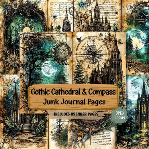 Vintage Gothic Cathedral & Compass Junk Journal Pages | Enchanted Forest, Moonlit Sky, Antique Script Shabby Chic Collage Art | 85 JPG - Etsy