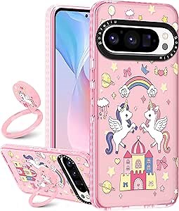 Boaretiu Cute Kawaii Case for Google Pixel 9Pro XL Phone Case with Kickstand - Fashion 360° Sticky Rotate Ring Holder Design for Women Girls Girly for Google Pixel 9Pro XL Case, Rainbow Horse