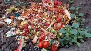Close-up of compost pile in household. Various biodegradable organic human waste. Biowaste processing. organic recycling concept