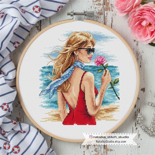 Sea Cruise Cross Stitch Pattern, Woman With Rose by the Sea, PDF Download - Etsy