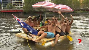 Good mates. Homemade raft. Yarra River. Australia Day, Melbourne style. www.7news.com.au #7News | 7NEWS Melbourne