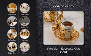 Turkish Coffee Cup, Set of 6 Arabic Turkish Greek Coffee Mirra Glass Cups with Holders (Premium Gold, Glass)