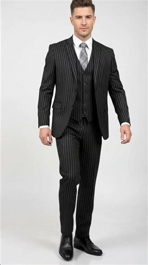 Men’s Jet Liquid Black Suit with White Pinstripes, 2 Button Vested Formal Dress Suit