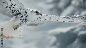 Closeup of a majestic gyrfalcon in midflight its snowwhite feathers ruffled by the wind as it swoops in to catch its target