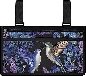 Yzaoxia Hummingbird Wheelchair Side Bags for The Armrest Storage Pouch Wheel Chair Bag with Cup Holder Boho Floral Wheelchair Accessories for Adults Walker Rollator Small Zipper Pocket