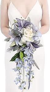Bridal Bouquet,12 Inch Cascading Wedding Bouquets Bride Bouquets for Wedding Ceremony and Anniversary(Blue)