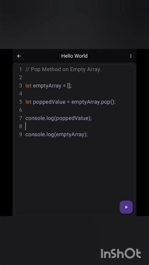 Pop Methods on Empty Array in javascript. #htmltags #html #htmlcoding #javascript #coding #jssc#js
