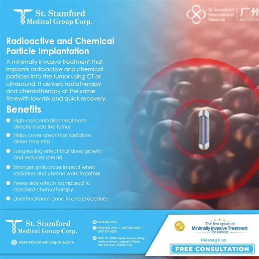 This advanced minimally invasive therapy combines radiotherapy and chemotherapy directly at the tumor site, delivering high effectiveness with fewer side effects. It offers better tumor control, reduced complications, and a safer option for patients, especially those with advanced-stage cancer. ----- Contact us for more details and reservations: 𝗔𝗱𝗱𝗿𝗲𝘀𝘀: 10th Flr, 6780 Ayala Avenue Bldg, Ayala Avenue, Legaspi Village, San Lorenzo, Makati City 𝗡𝘂𝗺𝗯𝗲𝗿: 02-8-822 1222 | 0939 925 2033 | 