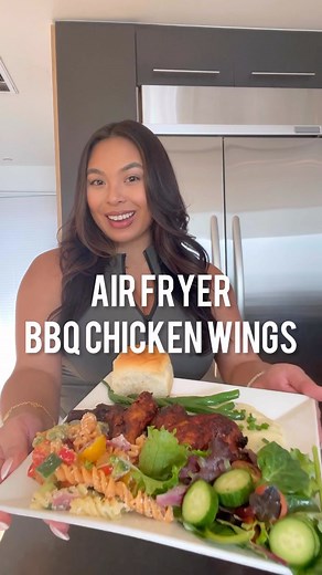 LINDA VO on Instagram: "Air Fryer BBQ Chicken Wings  It was a nice day out, so I decided to make a summertime, fresh meal for my friends and I. Served it with some mashed potatoes, pasta salad, chili garlic green beans, a lemon vinaigrette salad, corn on the cob and a dinner roll."