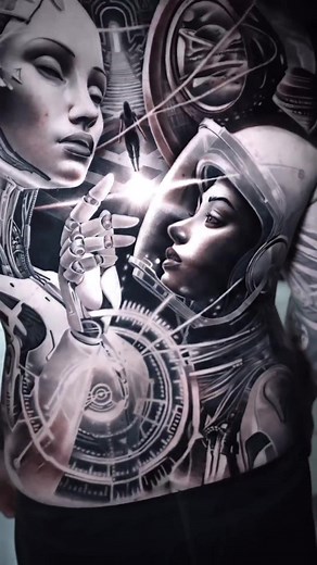 Realistic black and gray portraits tattoo future robotic time space travel themed full back tattoo tattoo artist Ishine #tattooartist #tattooprocess #backtattoo #tattooideas #portraittattoo #besttattoos #worldsbesttattoos #tatuaje #tatuador #tattooart #tattooforyou