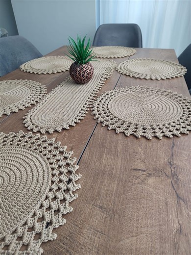Handmade Crochet Table Set • 7 Piece • Boho Placemats & Table Runner • Beige Natural • Crochet Dining Decor • Premium Quality - Etsy