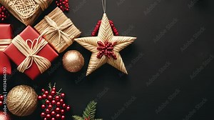Festive holiday background with gifts and decorations on black surface Stock Video