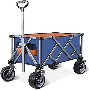 Collapsible Folding Wagon Cart with All-Terrain Big Wheels Brakes, Large Carrying Capacity Cart, Adjustable Handle Sturdy Portable Foldable Wagon (Blue with Orange)