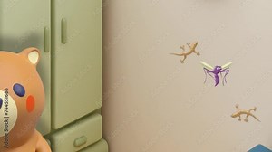 3D animated video of a room with funny bear dancing and house lizard catching a mosquitoes with its tongue
