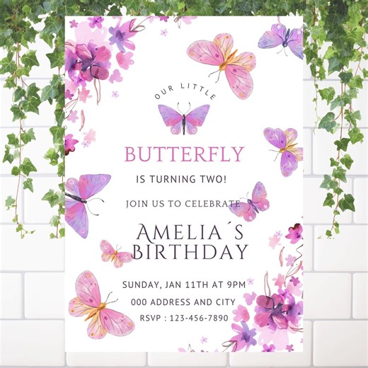 Butterfly Birthday Invitation Template | Girl Butterfly Party Invite | Any Age | Instant Download | Canva Editable - Etsy