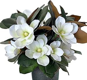 32 Inch Magnolia Artificial Leaves Branches 3D Plastic Printing Houseplant Plant Indoor Outdoor Home Decor (Magnolia with Flowers - Pack of 4)