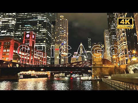 [4K] Chicago River Walk At Night - Binaural City Sounds Virtual Walking Tour 2022