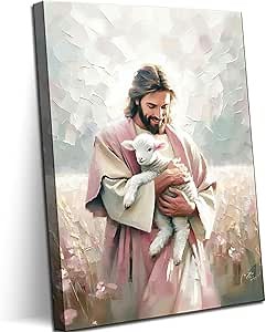 Jesus Embraces Lamb Canvas Wall Art The Lost Lamb Wall Decor Bible Stories Jesus Lamb Painting Picture God Leaving 99 Sheep Poster Prints for Bedroom Prayer Room Church Home Decoration 12X16