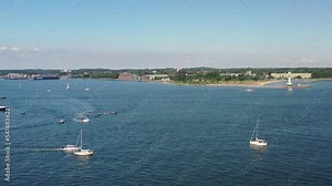 Tall ships passing Kieler Förde to Kiel week. Parade of sailing ships during Kiel Week, Kiel Fjord, Schleswig-Holstein, Germany.