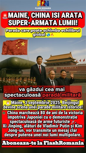 ⏰ Mâine, 3 septembrie 2025, Beijingul devine scena unei parade militare istorice! 🇨🇳🪖 China marchează 80 de ani de la victoria împotriva Japoniei cu o demonstrație spectaculoasă de arme futuriste 🚀⚡. Xi Jinping, alături de Vladimir Putin și Kim Jong-un, vor transmite un mesaj clar despre puterea unei noi lumi multipolare 🌐. 🔎 Ce arme misterioase va dezvălui China? Cum va reacționa Occidentul? Află totul în avanpremieră! 👀 #China #parada #beijing #XiJinping #Putin #KimJongUn #worldwar2 #ge