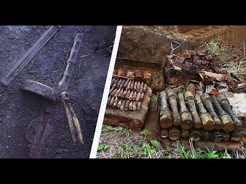 PPSH-41 SUBMACHINE GUN IN THE HANDS OF A SOLDIER AND A GERMAN WAREHOUSE WITH WEAPONS FROM THE WWII
