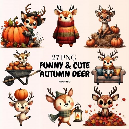 Watercolor Autumn Deer Clipart Bundle: Fall Animal PNG & JPG (Digital Download