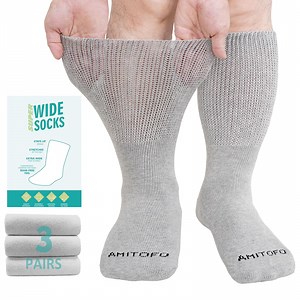 3 Pairs Cotton Diabetic Socks for Men and Women, UNEEI Extra Wide Calf Socks for Swollen Feet, Comfortable & Non-Binding Fit Crew Socks, Size 9-13