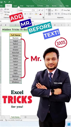 ✔ Add Mr. Before Text in MS Excel! 🔥💯 #exceltricks #exceltips #microsoftexcel #tutorial #techhome