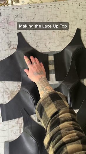 Making the Lace Up Top. Available 5/18. #leatherwork #queerfashion