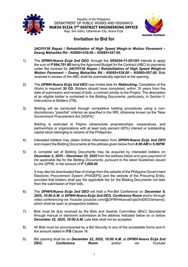 Invitation to Bid for Contract ID No 24CF0138