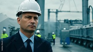Industrial Visionary: A determined construction engineer in a hard hat and suit, overseeing a busy industrial site. The image evokes a sense of strength, control, and expertise