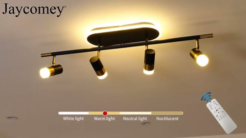 Jaycomey 4-Light LED Track Lighting Fixture with Remote Control, 41W Dimmable Ceiling Light Spotlights, Adjustable 3000K-6500K Modern Dining Room Ceiling Light for Kitchen Bedroom (Black &Gold)