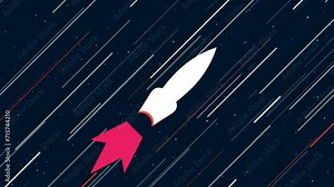 Falling rocket symbol flies through the universe on a jet propulsion. The symbol in the center is shaking due to high speed. Seamless looped 4k animation on dark blue background with stars