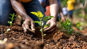 Dedicated volunteers are planting young coffee saplings in dark, nutrient-rich soil while enjoying a bright, sunny day in a rural community, fostering environmental sustainability. Stock Video
