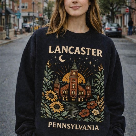 Lancaster Pennsylvania Vintage Town Graphic Sweatshirt | Sunflowers, Moonlit Manor | Amish Country PA | Dutch Country | Pennsylvania Hoodie - Etsy