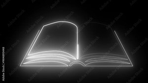Open book icon animation. Neon glowing white book icon animation in black background. Stock Video