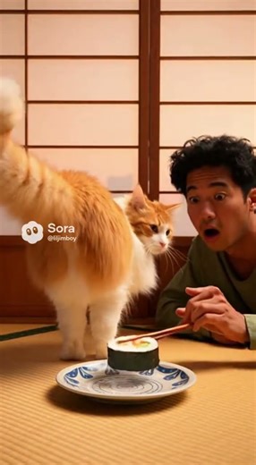 A cat pooping sushi and a human eats it#sora ai