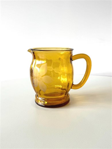 Amber Glass Pitcher With Etched Floral Motif | Cocktail Jug | Vintage Mid Century - Etsy