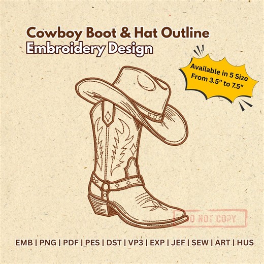 Western Cowboy Boot Hat Embroidery Design – Rodeo Country Western Outline Embroidery File for Shirts Jackets Bags
